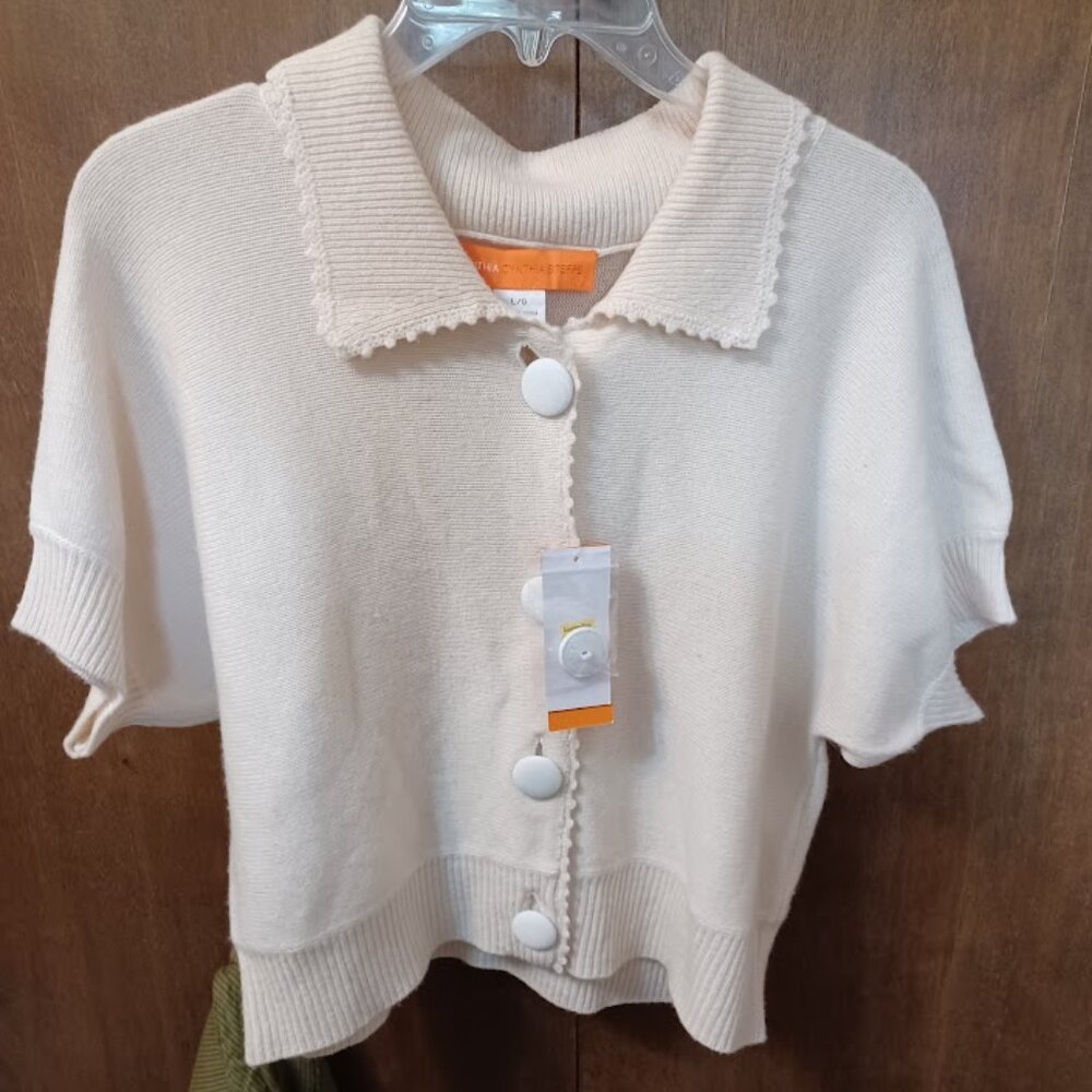 NEW CYNTHIA CYNTHIA STEFFE CREAM SHORT-SLEEVE KNIT CARDIGAN SWEATER - SIZE LARGE